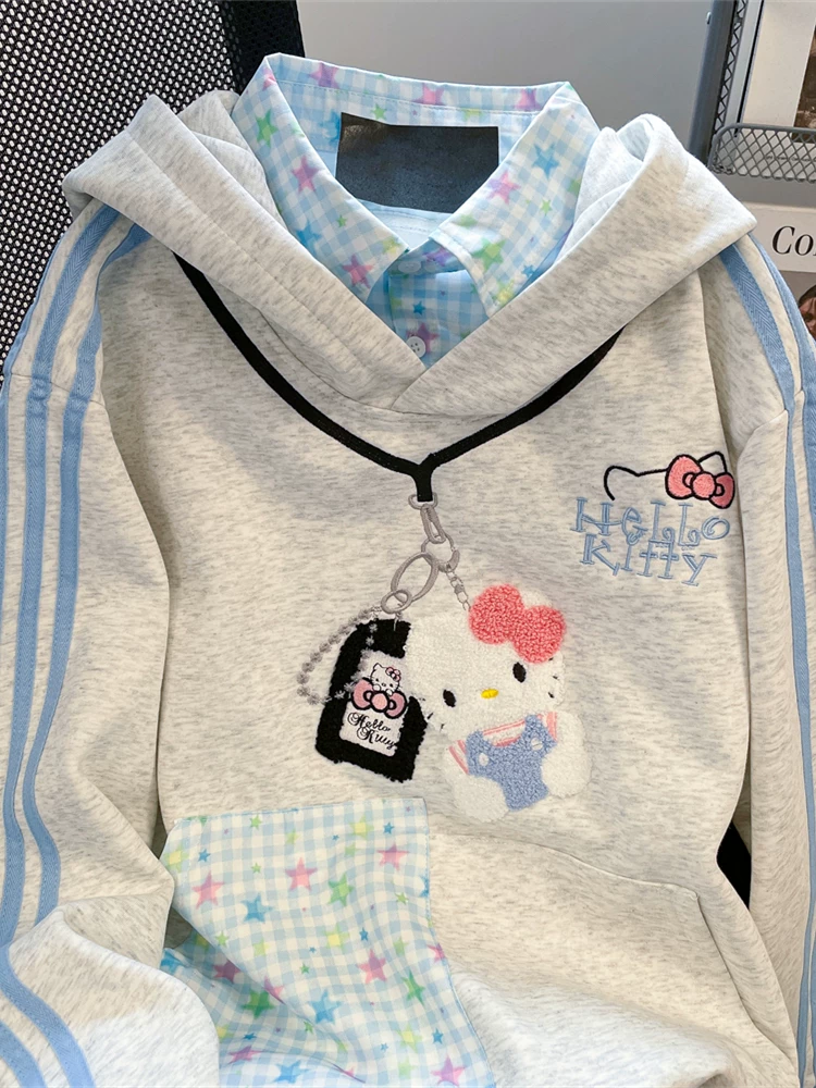 Áo hoodie thêu hình mèo dễ thương phong cách Hàn Quốc dành cho nữ, phong cách ngọt ngào và dịu dàng, áo cổ polo giả hai mảnh