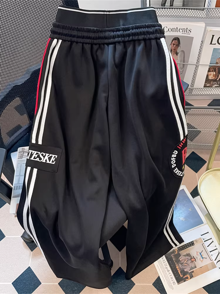 Quần thể thao cạp đôi phối sọc cổ điển kiểu Mỹ dành cho nữ, quần dài thể thao dáng rộng phong cách hip-hop mùa thu