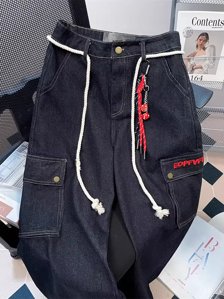 Quần jean kiểu Mỹ cổ điển có túi lớn dành cho nữ, mùa thu đông, cỡ lớn, quần denim rộng ống thẳng