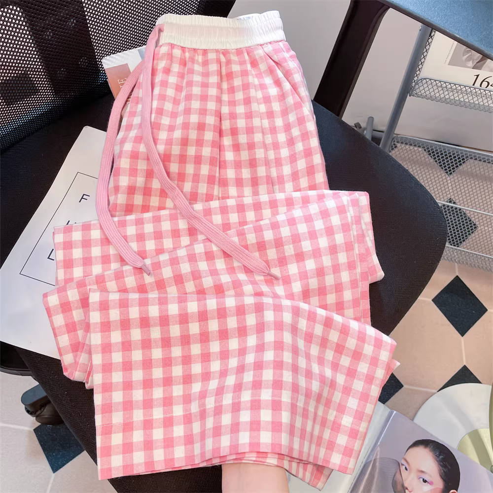 Quần ống rộng chắp vá màu hồng dopamine ngọt ngào dành cho nữ, phong cách Nhật Bản mùa xuân hè, quần đi dạo thường ngày lười biếng và thoải mái