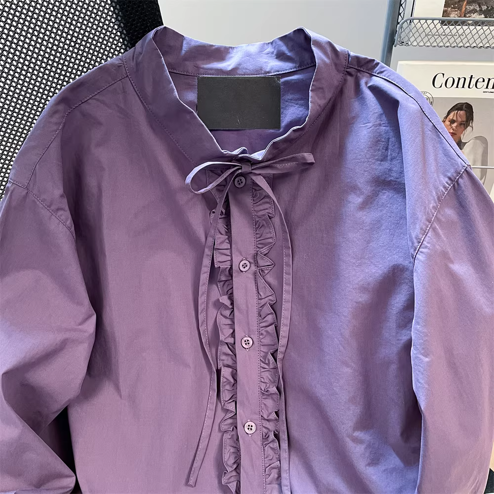 Áo sơ mi buộc dây kiểu Pháp dành cho nữ, áo khoác dài tay màu tím dáng rộng và phong cách lười biếng đầu thu