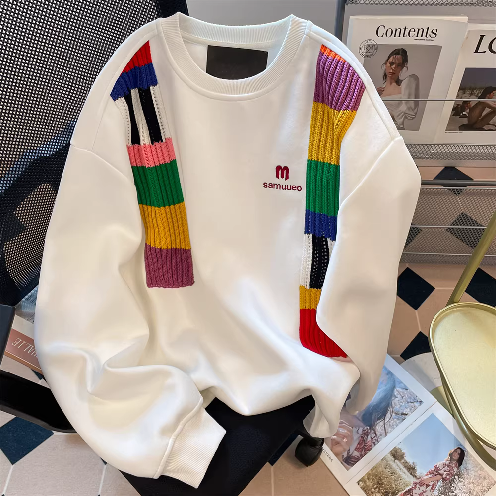 Áo len không mũ phối màu cầu vồng lấy cảm hứng từ thiết kế dành cho nữ, kiểu dáng mỏng đầu thu 2025, vai thường, áo dài tay phong cách Mỹ độc đáo.