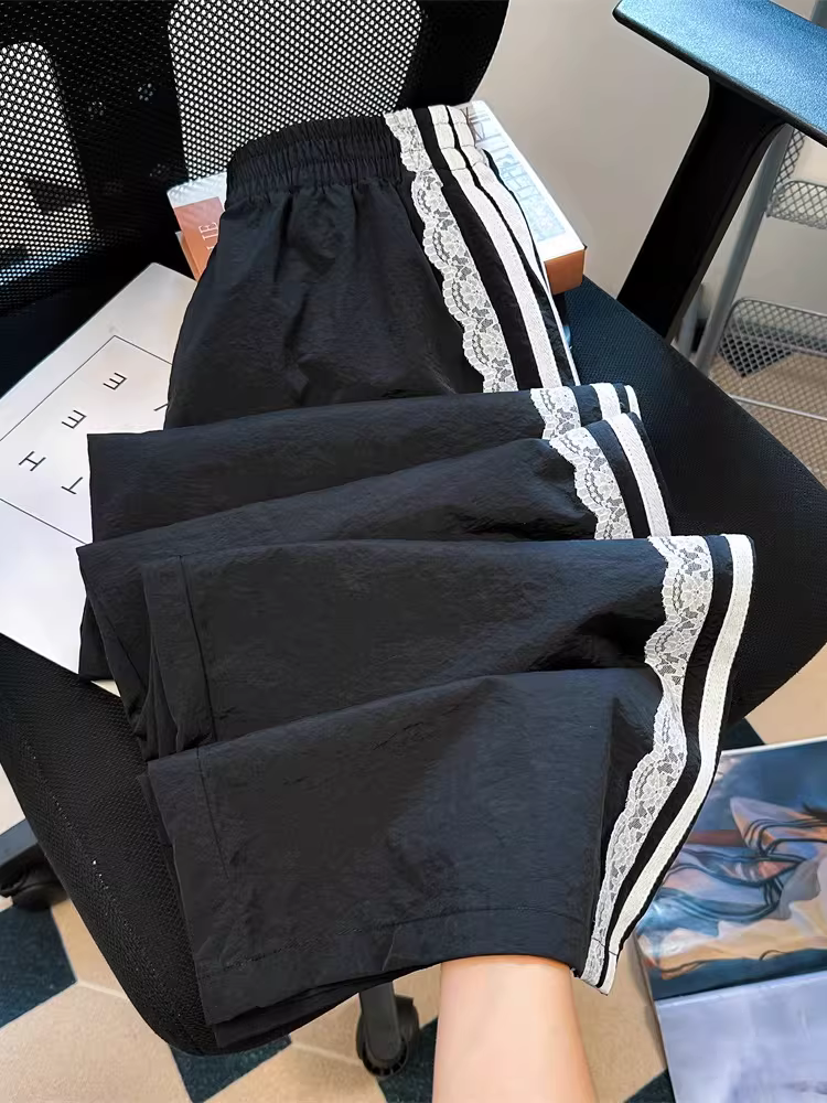 Quần dài dáng rộng phong cách retro mùa thu dành cho nữ, kiểu Hàn Quốc, phối ren, sọc, xếp lớp, dáng thẳng, chất liệu mềm mại, phong cách thường ngày