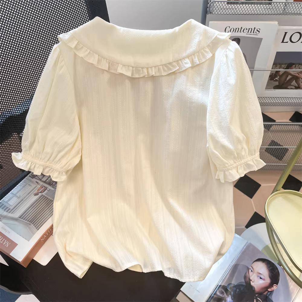 Áo sơ mi ngắn tay cổ búp bê phong cách retro hàn quốc dành cho nữ, thiết kế mùa hè, độc đáo, áo nửa tay độc đáo và sang trọng