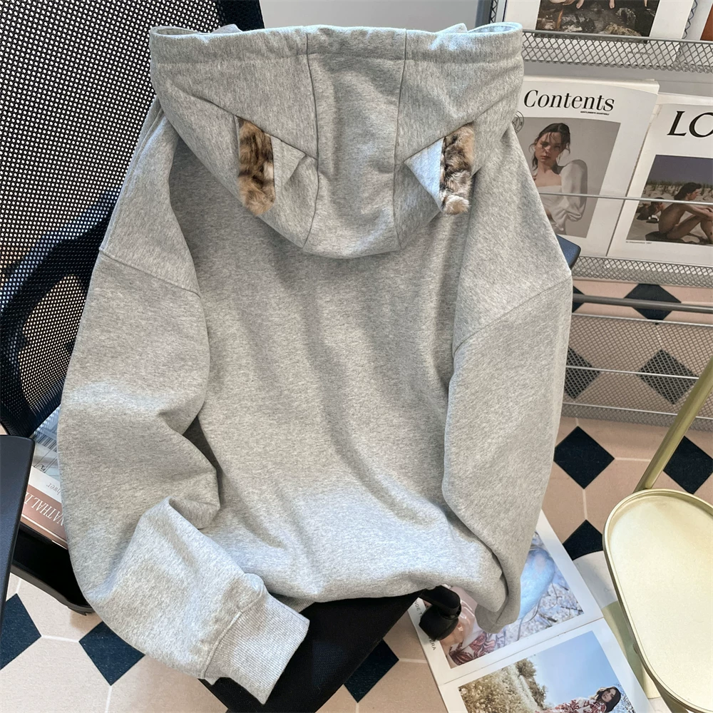 Áo len thêu họa tiết da báo cao cấp dành cho nữ, mùa thu đông phong cách Mỹ, áo khoác cardigan có mũ trùm đầu phong cách Hong Kong sang trọng