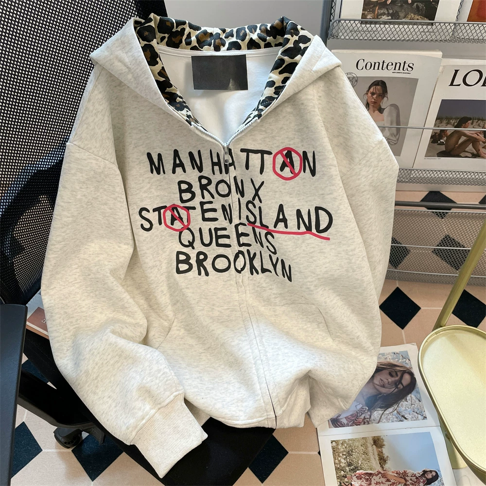 Áo khoác cardigan có mũ trùm đầu in họa tiết da báo cổ điển của Mỹ dành cho nữ mùa xuân và mùa thu thương hiệu thời trang đường phố cao cấp phong cách sang trọng phong cách Hồng Kông áo khoác cặp đôi