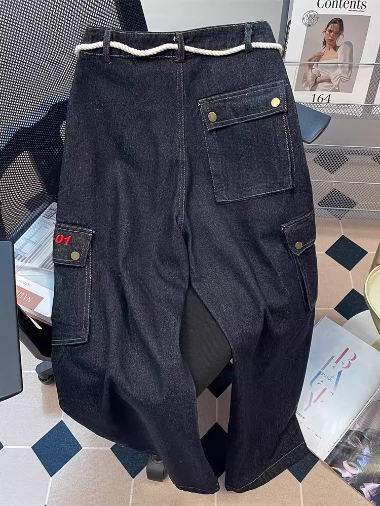 Quần jean kiểu Mỹ cổ điển có túi lớn dành cho nữ, mùa thu đông, cỡ lớn, quần denim rộng ống thẳng