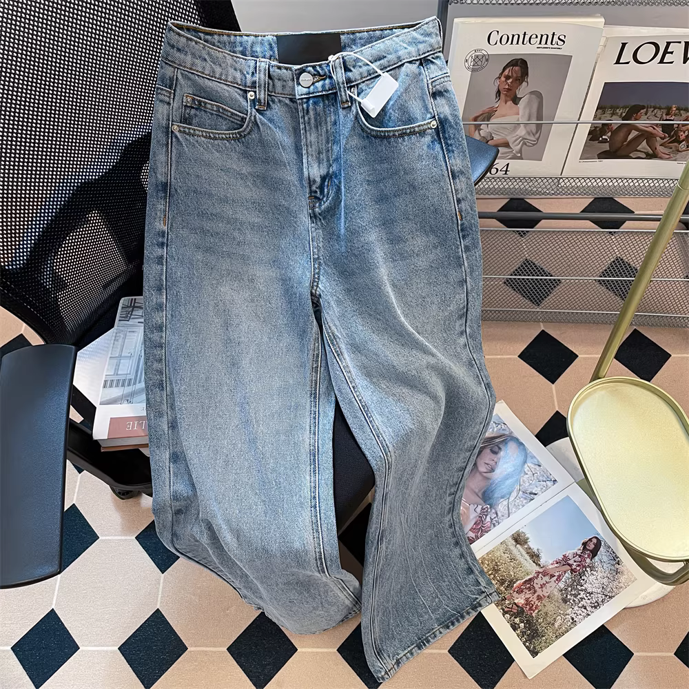 Quần jean nữ đính đá phong cách Hàn Quốc, kiểu dáng mèo Kitty, mùa thu, phong cách retro Mỹ, dáng thẳng rộng, size nhỏ nhắn
