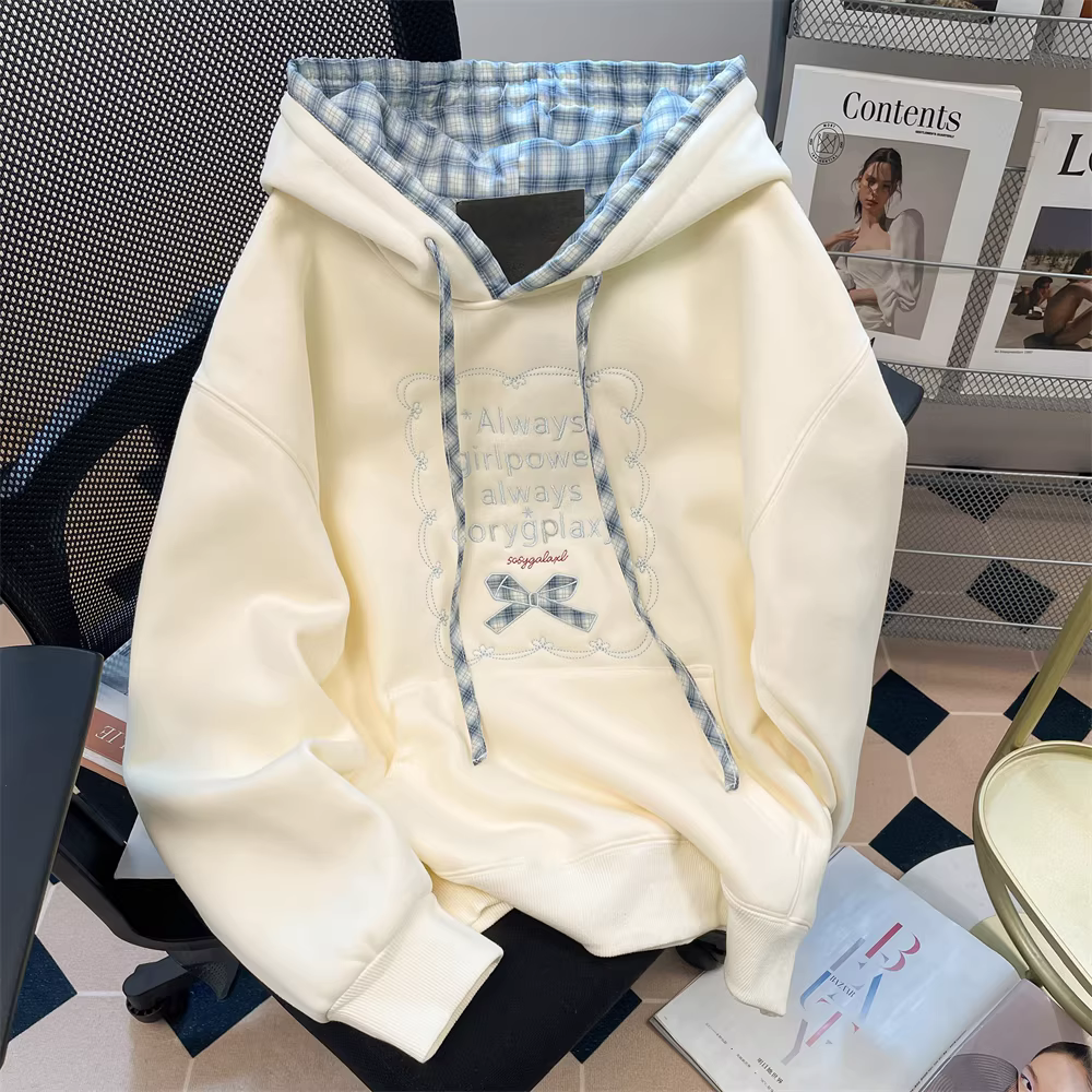 Màu mơ sữa, sành điệu và ngọt ngào, áo hoodie giảm tuổi tác dành cho nữ, phong cách Hàn Quốc, áo khoác thêu chắp vá độc đáo