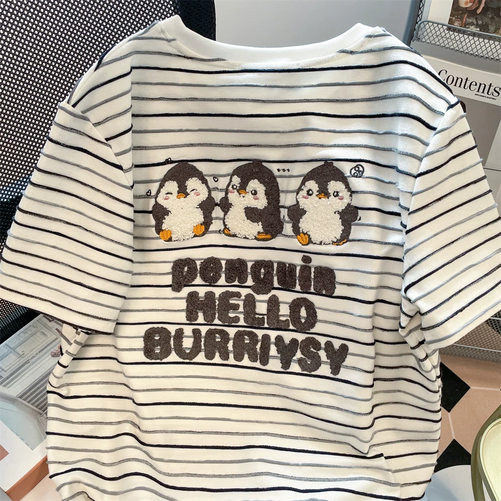 Áo thun nữ tay ngắn cotton nguyên chất dáng ôm, họa tiết ba chú chim cánh cụt thêu retro, kiểu dáng mùa hè, dài ngang vai, mẫu mới 2025