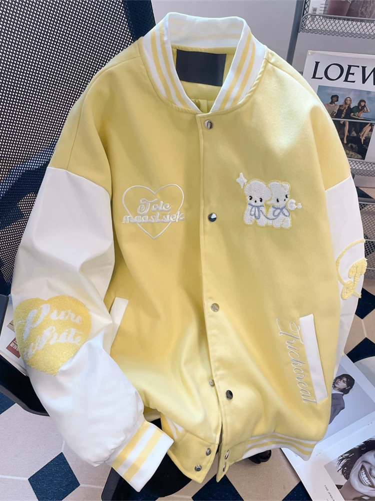 Áo khoác bóng chày nhung thêu hình chó con hợp thời trang và trẻ trung dành cho nữ, áo khoác cặp đôi phong cách đại học mùa thu đông phong cách Hàn Quốc