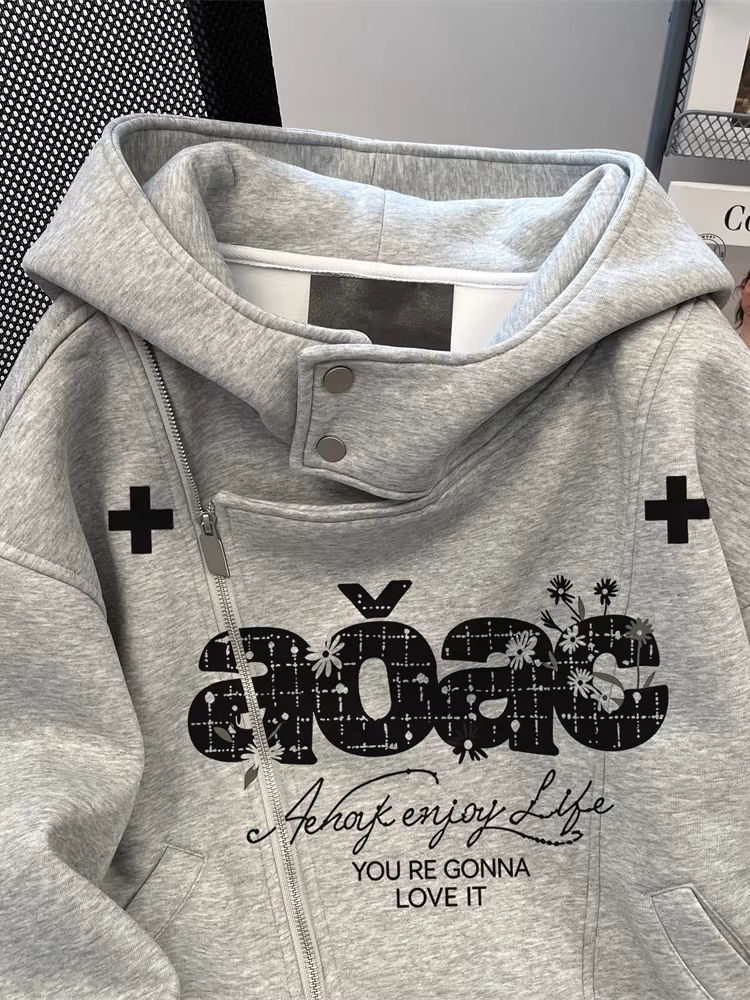 Áo hoodie có mũ trùm đầu kiểu retro kiểu Mỹ dành cho nữ trong mùa thu đông, áo khoác cardigan nhung lười biếng và thoải mái dành cho các cặp đôi