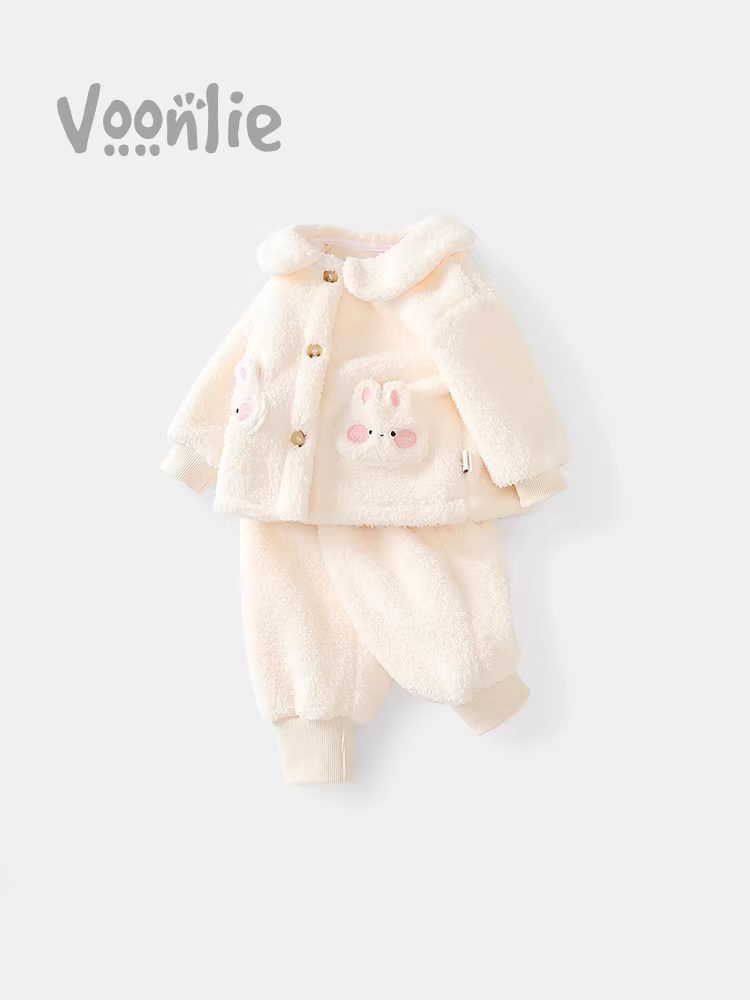 Bộ đồ ngủ bé gái mùa đông 2025, bộ quần áo mặc nhà cho bé sơ sinh, áo và quần lót lông cừu hai mảnh, mùa thu đông