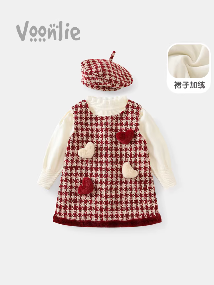 Váy mùa đông cho bé gái, váy công chúa trẻ em thời trang có lông cừu, váy vest kiểu Chanel nhỏ nhắn cho bé, trang phục năm mới cho mùa đông.