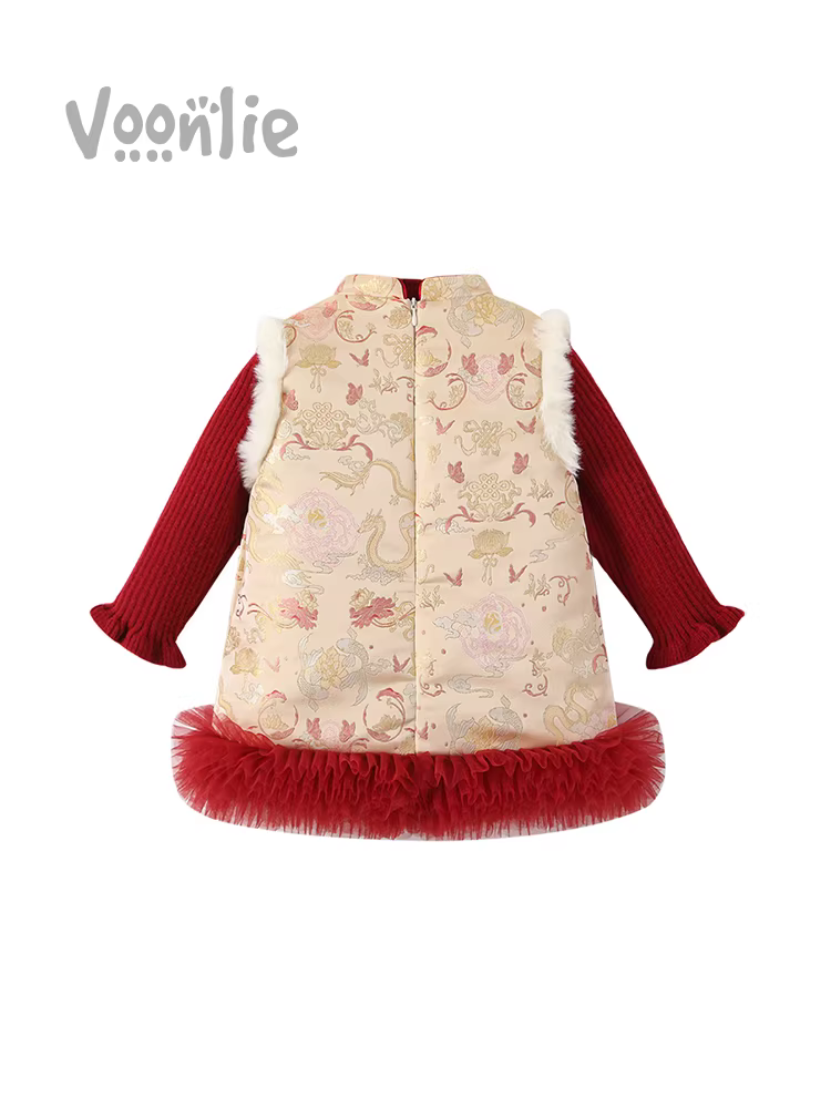 Váy Hanfu cho bé gái trang phục mùa đông phong cách truyền thống của trẻ em sườn xám có đệm kiểu Tang phù hợp với bé váy sinh nhật đầu tiên màu đỏ trang phục năm mới