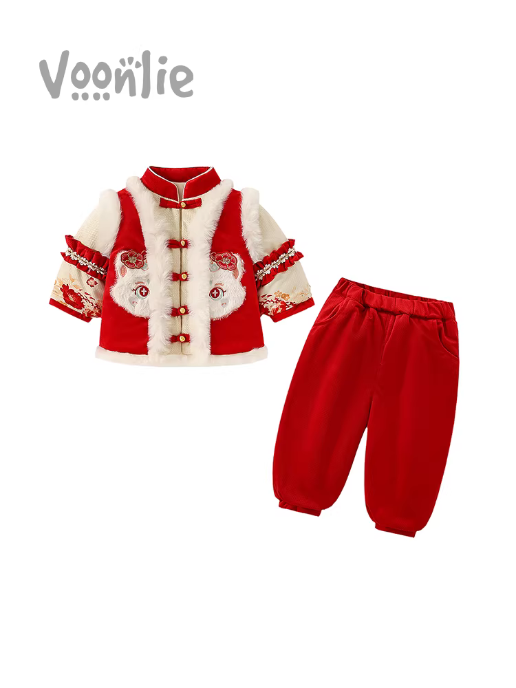 Bộ đồ Hanfu dành cho bé gái trang phục mùa đông phong cách truyền thống Trung Quốc của trẻ em Bộ đồ Tang phù hợp với trẻ em bằng vải cotton lót lông cừu Váy một tuổi Trang phục năm mới mùa đông