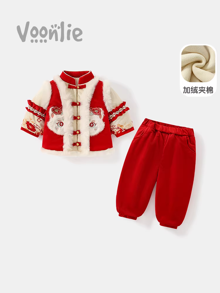 Bộ đồ Hanfu dành cho bé gái trang phục mùa đông phong cách truyền thống Trung Quốc của trẻ em Bộ đồ Tang phù hợp với trẻ em bằng vải cotton lót lông cừu Váy một tuổi Trang phục năm mới mùa đông