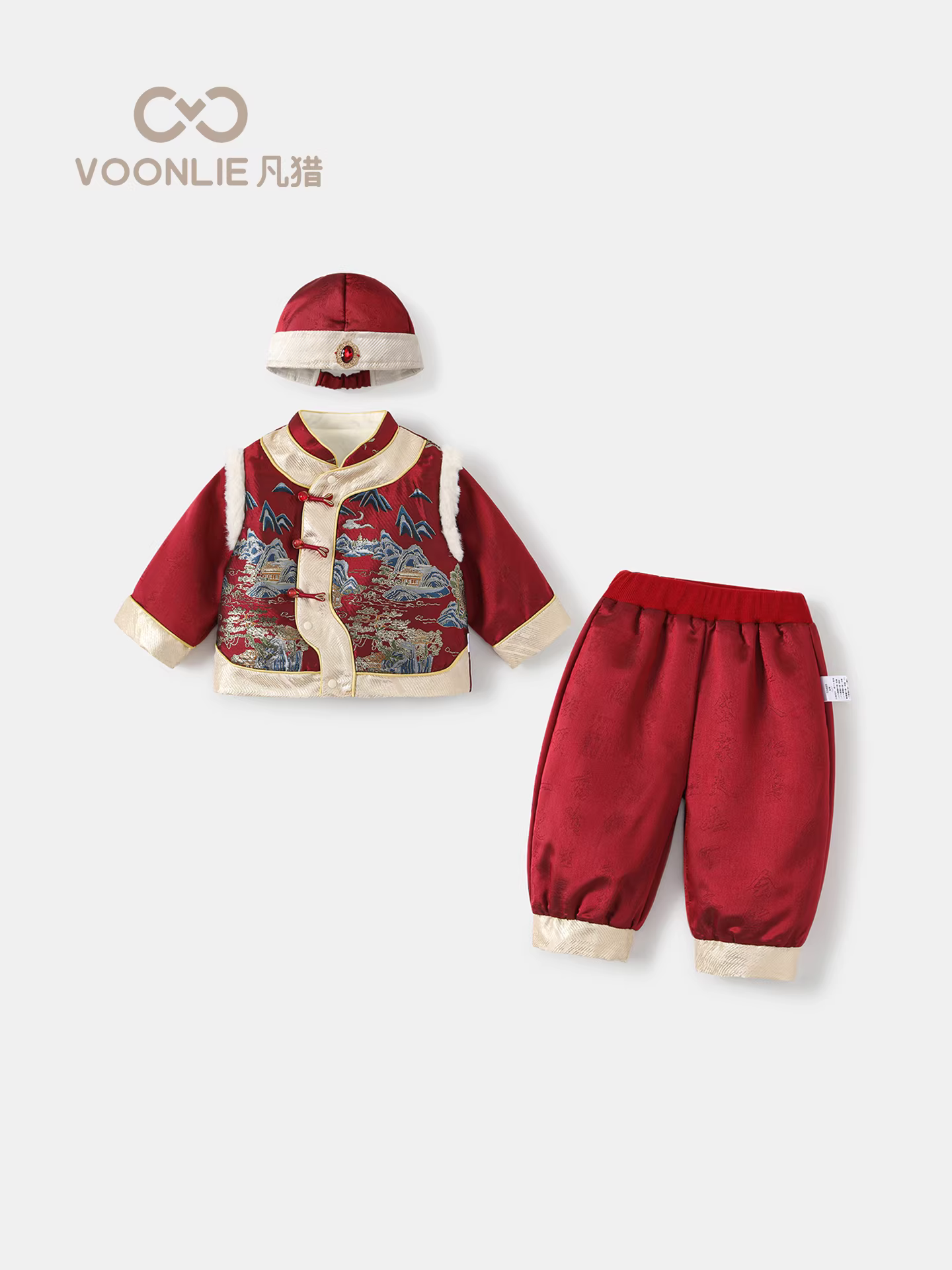 Bộ đồ Hanfu cho bé trai Fanhai Trang phục mùa đông cho trẻ sơ sinh có lót lông cừu Phong cách Trung Quốc mới Bộ đồ Tang ba món cho bé trang phục sinh nhật đầu tiên mùa đông