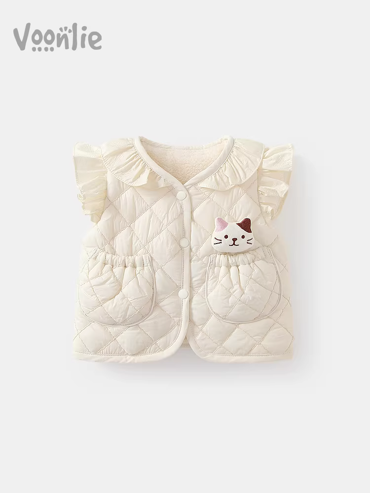 Áo gile bé gái Fanhai Thu/Đông 2025 Mẫu mới thời trang Áo gile bé sơ sinh lót lông cừu giữ ấm Áo khoác ngoài không tay