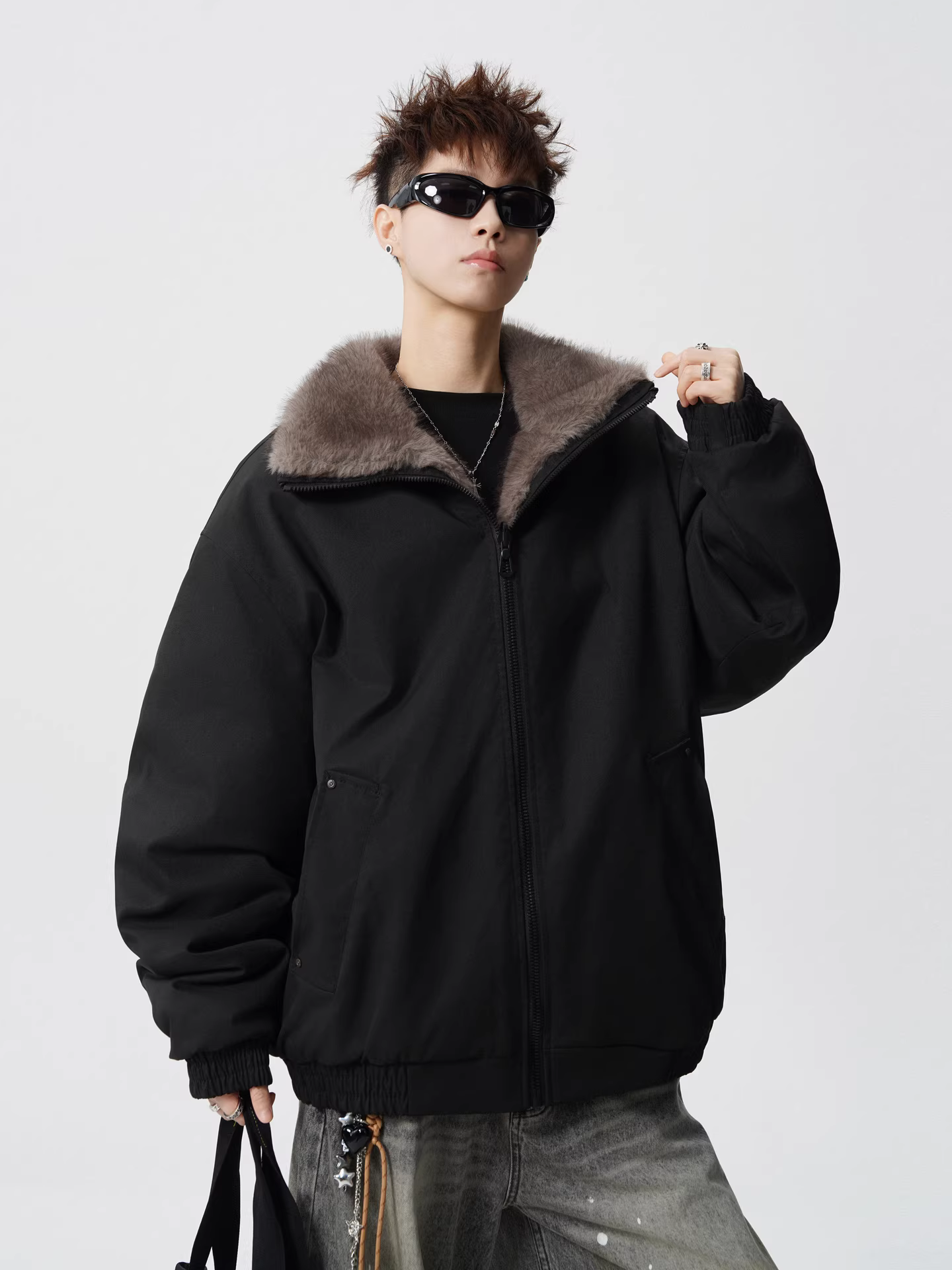 Áo khoác cotton cổ đứng lông thỏ giả hai mặt thời trang mùa đông của Wukong dành cho nam và nữ, kiểu dáng rộng theo phong cách Mỹ, ấm áp và đa năng.