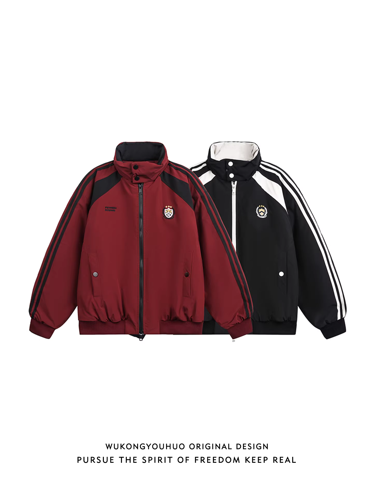 Wukong có sẵn áo khoác cotton cổ đứng sọc phối màu phong cách Mỹ thời thượng dành cho nam, phong cách đại học cổ điển, áo khoác cotton đa năng dành cho cặp đôi.