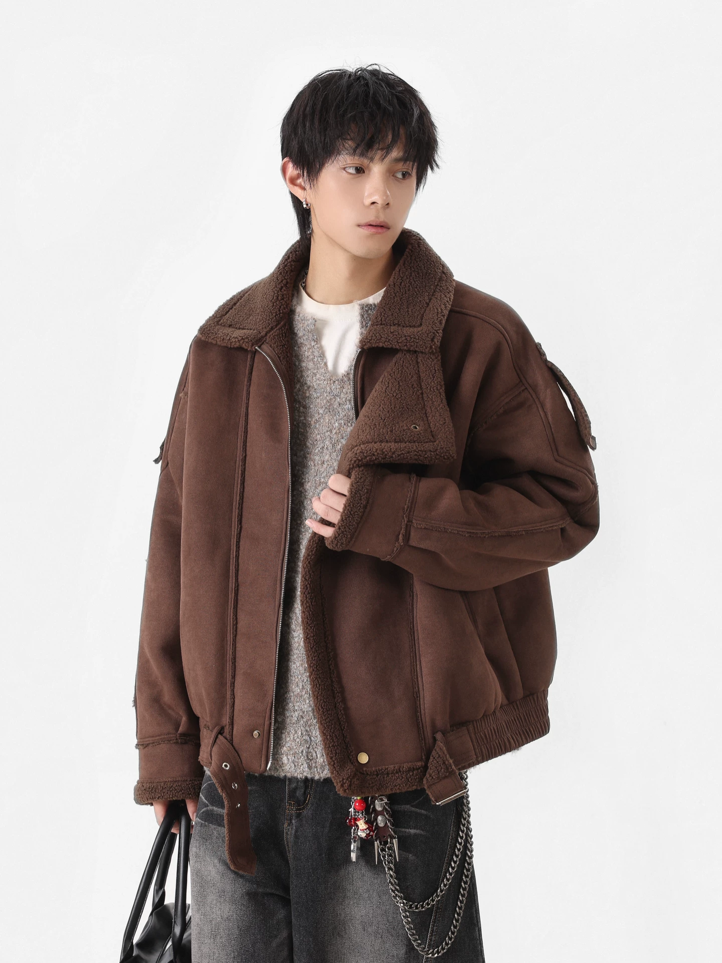 Áo khoác nam phong cách cổ điển Âu Mỹ, chất liệu len cừu phối vải cotton, kiểu dáng hiện đại, rộng rãi, dày dặn và ấm áp, thương hiệu thời thượng.