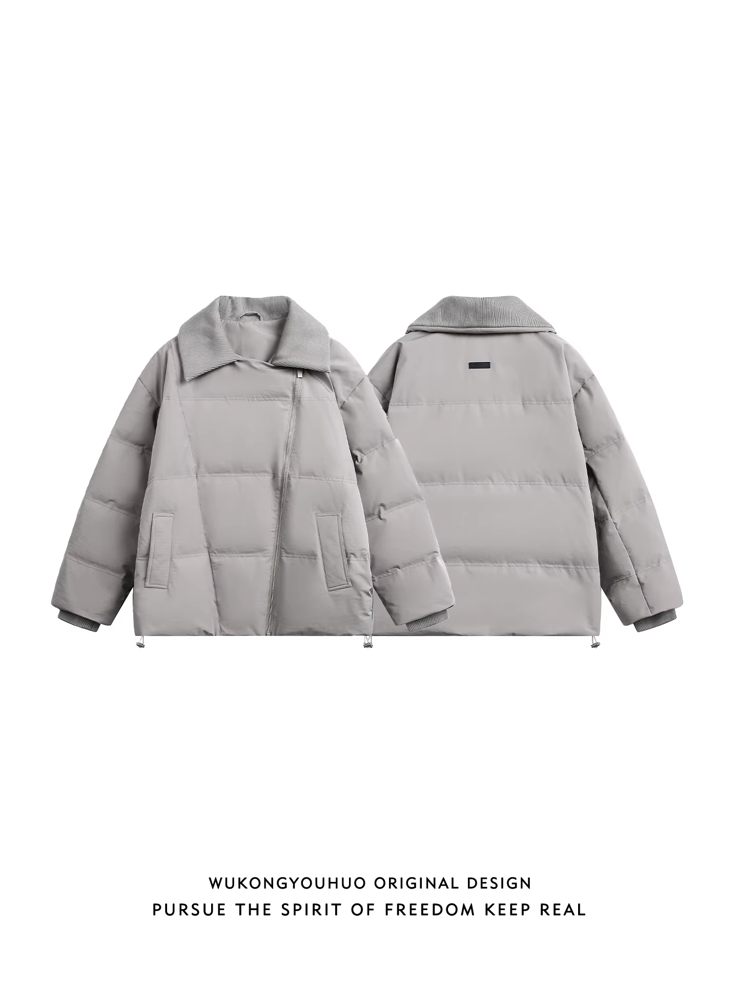 Áo khoác lông vũ trắng 80% có khóa kéo không đều, cổ áo kiểu dáng lạ mắt, dành cho nam và nữ, nhẹ và ấm áp, mùa đông, của Wukong.