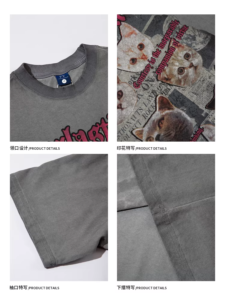 Wukong có sẵn áo thun ngắn tay in hình mèo cổ điển Mỹ, kiểu dáng xước, dành cho nam và nữ, phong cách đường phố hip-hop, áo thun cặp đôi độc đáo.