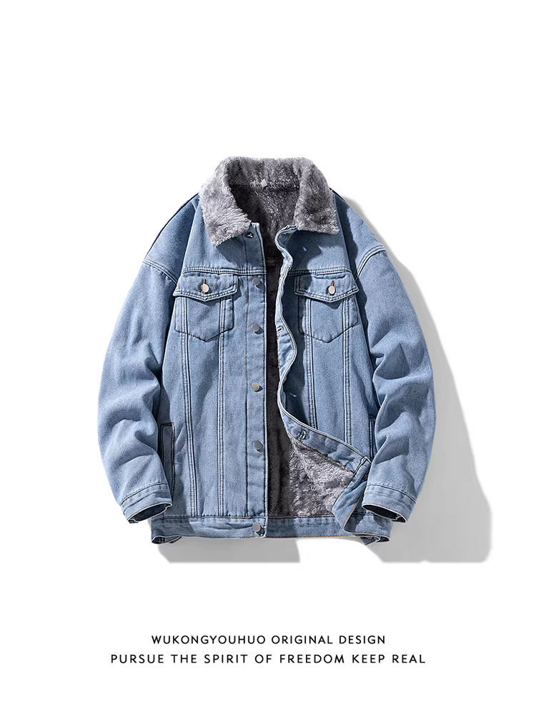 Áo khoác denim cotton dày dặn phong cách cổ điển mùa đông của Ngộ Không dành cho nam, áo khoác cotton ấm áp đa năng theo xu hướng retro.