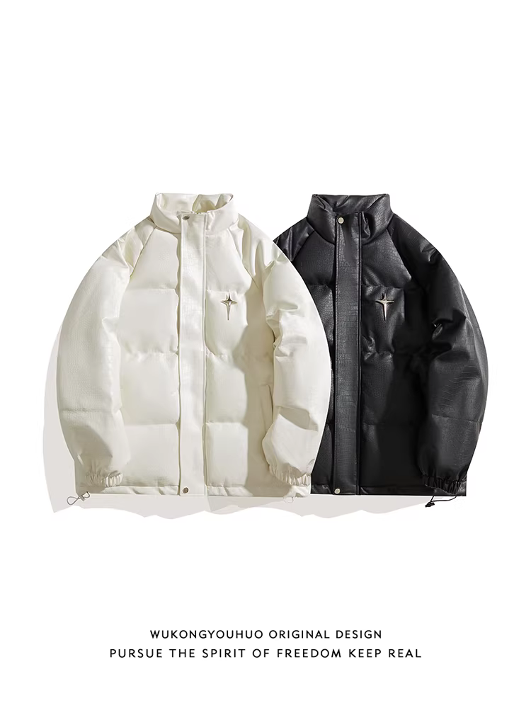 Wukong có sẵn áo khoác nam chất liệu da PU trắng kiểu Mỹ, áo khoác phao cổ đứng mùa đông 2025, áo khoác cotton dày dặn thời trang thương hiệu nổi tiếng.