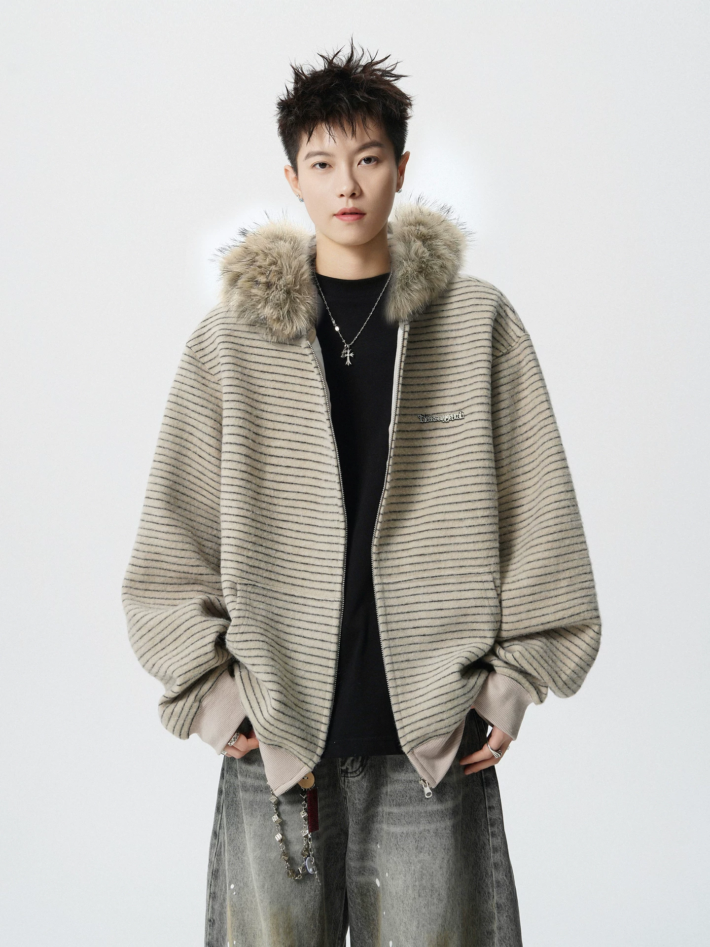 Wukong có sẵn áo khoác cardigan có mũ trùm đầu kiểu Mỹ, cổ lông sọc thời trang dành cho nam, dáng rộng, kiểu cặp đôi, phong cách lười biếng, áo khoác đa năng.