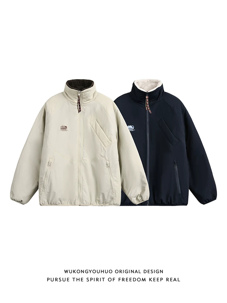 Áo khoác cotton cổ đứng hai mặt chất liệu len cừu mùa đông cổ điển của Wukong dành cho nam và nữ, áo khoác cotton ấm áp rộng rãi kiểu dáng thời trang dành cho cặp đôi.