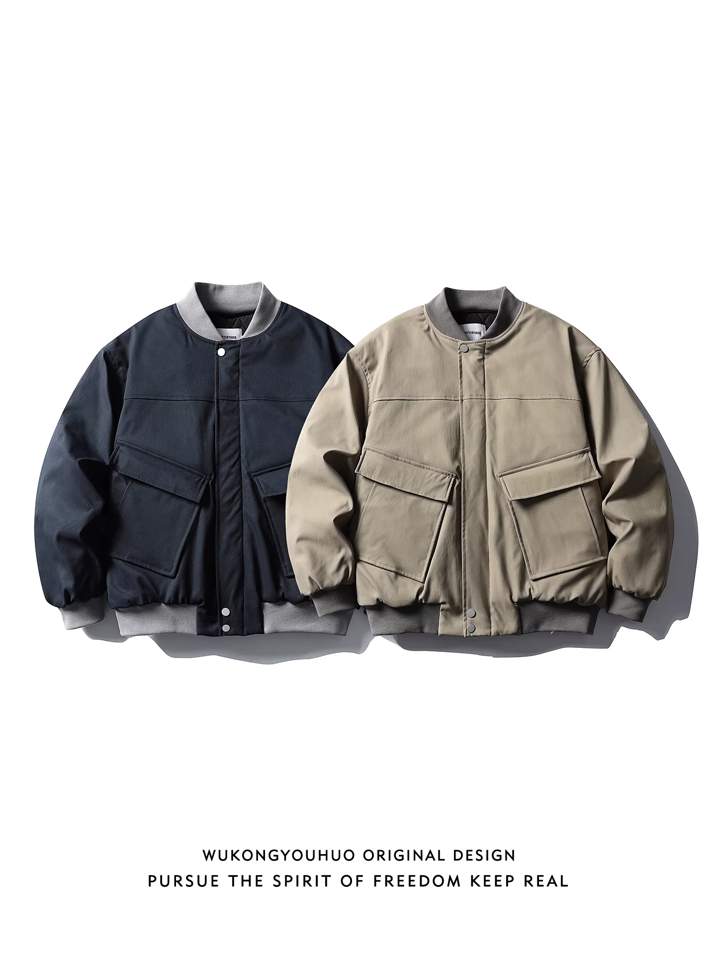 Wukong có sẵn áo khoác bomber cotton đa túi kiểu Mỹ dành cho nam và nữ, áo khoác cotton đa năng ấm áp phong cách retro mùa đông.