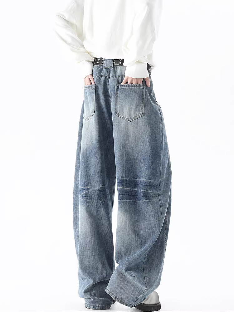 Ngộ Không có sẵn quần jean nam dáng thẳng phong cách Mỹ cổ điển, quần ống rộng đa năng kiểu scimitar.