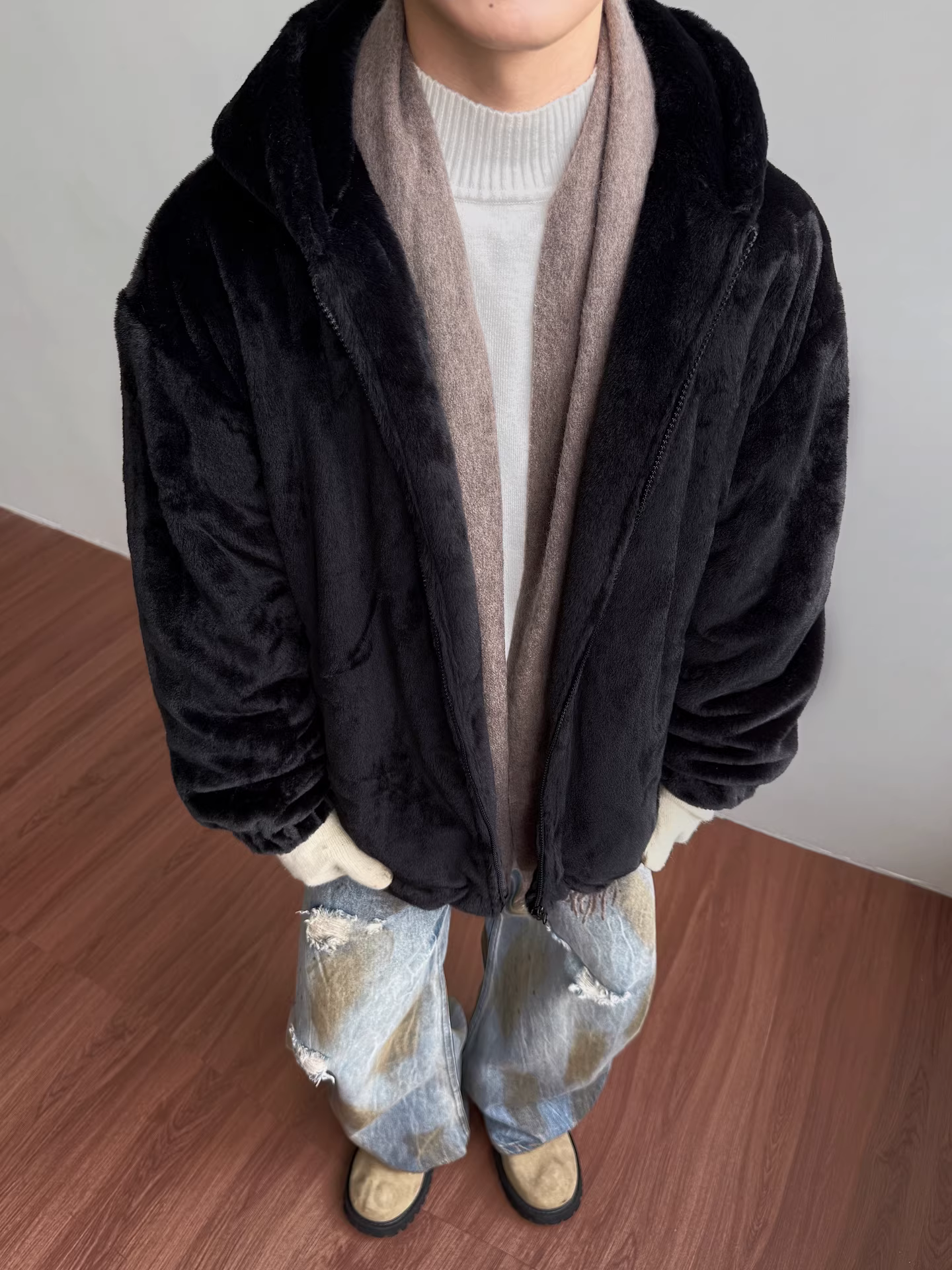 Áo khoác mùa đông lót lông cừu giả dày, có mũ trùm đầu, chất liệu cotton dành cho nam, kiểu dáng thoải mái, rộng rãi, ấm áp và mềm mại của Wukong.