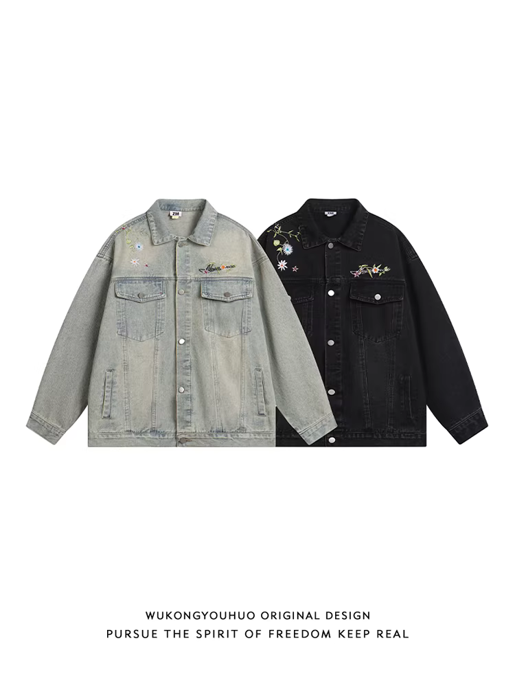 Wukong có sẵn áo khoác denim thêu hoa phong cách Mỹ thời thượng dành cho nam và nữ, áo khoác vintage dáng rộng đa năng dành cho cặp đôi.
