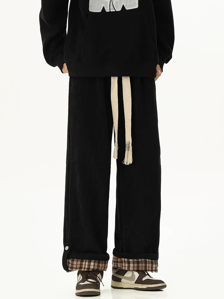 Ngộ Không có sẵn quần kẻ sọc thời trang có lớp lót lông cừu, quần thường ngày dày dặn dành cho nam, quần ống rộng mùa đông ấm áp kiểu dáng cổ điển.