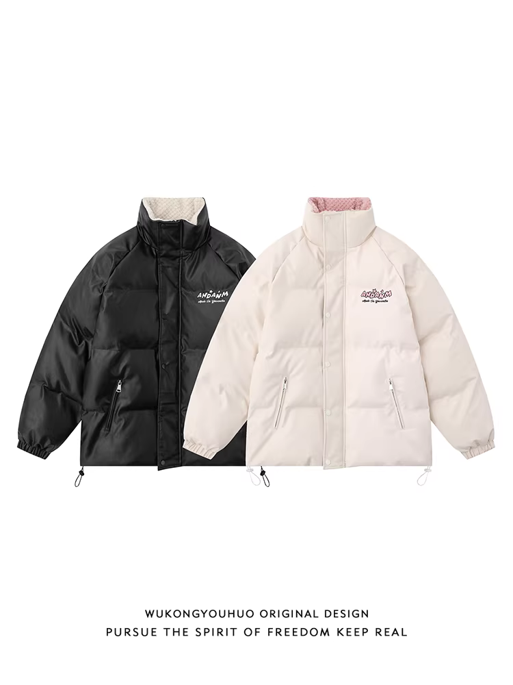 Wukong có sẵn áo khoác phao cặp đôi cổ đứng mùa đông chất liệu da PU, áo khoác cotton dày dặn chống gió kiểu dáng rộng rãi thời trang thương hiệu BF dành cho nam và nữ.