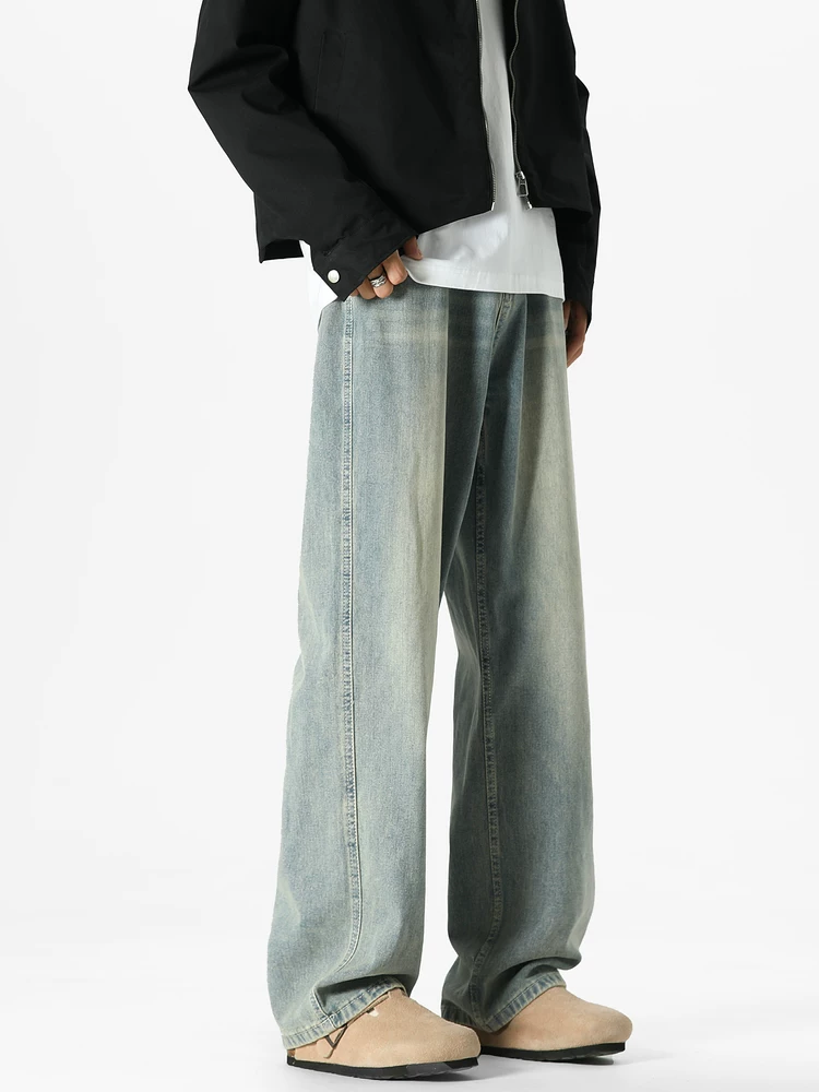 Ngộ Không có sẵn quần jean nam kiểu Mỹ, phong cách thời thượng, đã qua xử lý làm mềm và tạo hiệu ứng cũ, dáng thẳng, quần ống rộng, đa năng, mặc thường ngày, dài chấm đất.