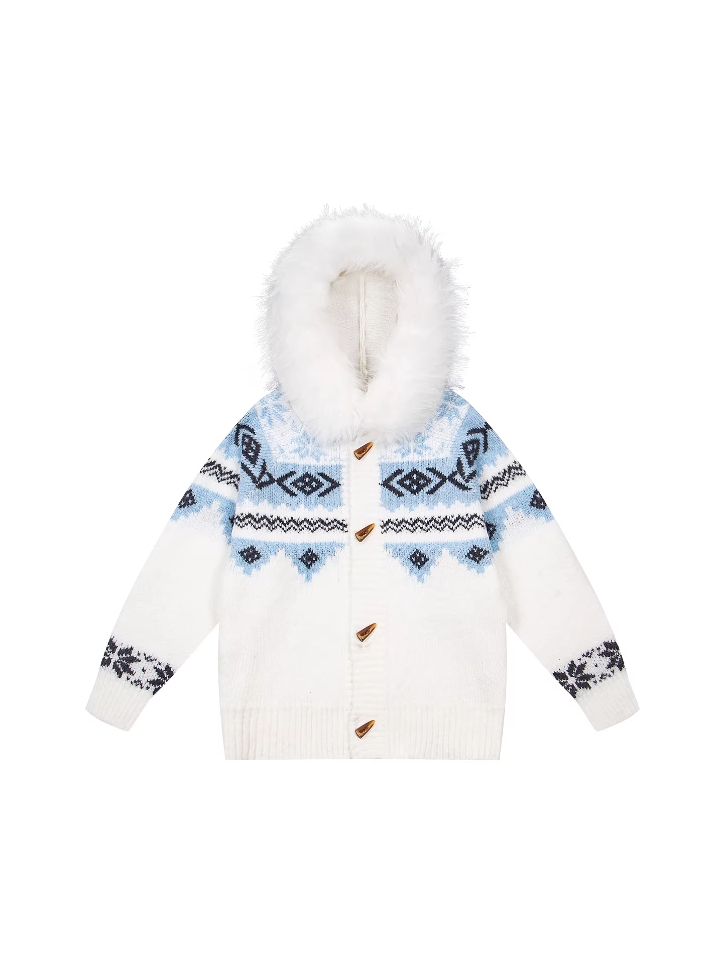 Wukong có sẵn áo len nam cổ lông tháo rời kiểu cổ điển mùa đông, chất liệu len Fair Isle, thương hiệu thời thượng, dáng rộng, kiểu cardigan cài nút.