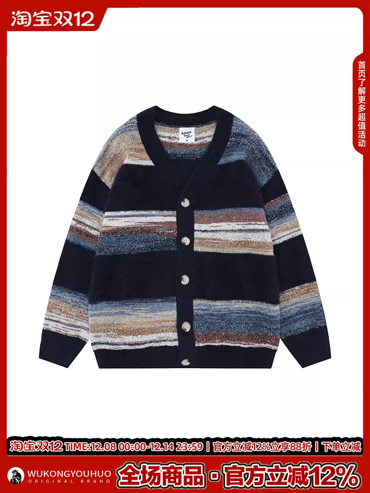 Áo khoác cardigan dệt kim sọc kiểu retro năng động của Wukong dành cho nam và nữ, thương hiệu thời thượng, dáng rộng, áo cặp.
