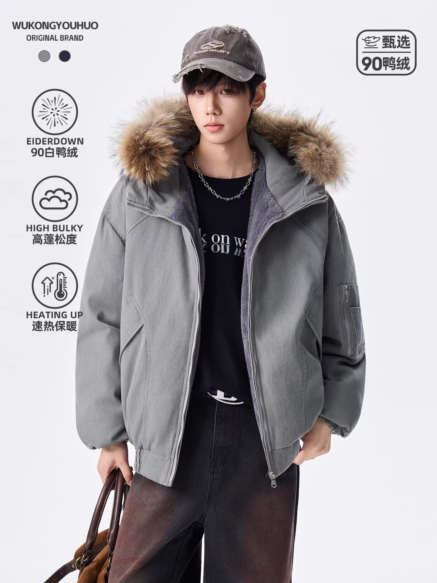 Áo khoác phao có mũ trùm đầu, cổ lông vũ tháo rời được, chất liệu lông vũ vịt 90%, kiểu dáng mùa đông của Wukong dành cho nam, kiểu dáng áo khoác công nhân dày dặn kiểu Mỹ.