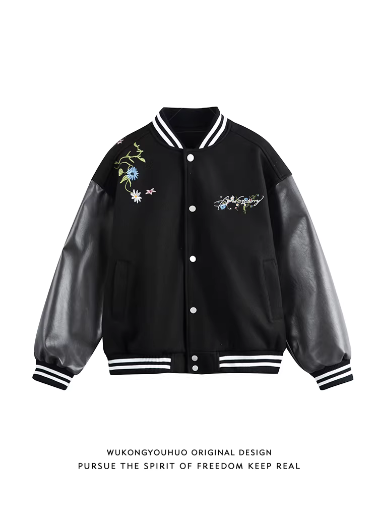 Wukong có sẵn áo khoác bóng chày nam kiểu Mỹ thêu hoa, phối vải, phong cách cổ điển, dáng rộng, đa năng dành cho cặp đôi.