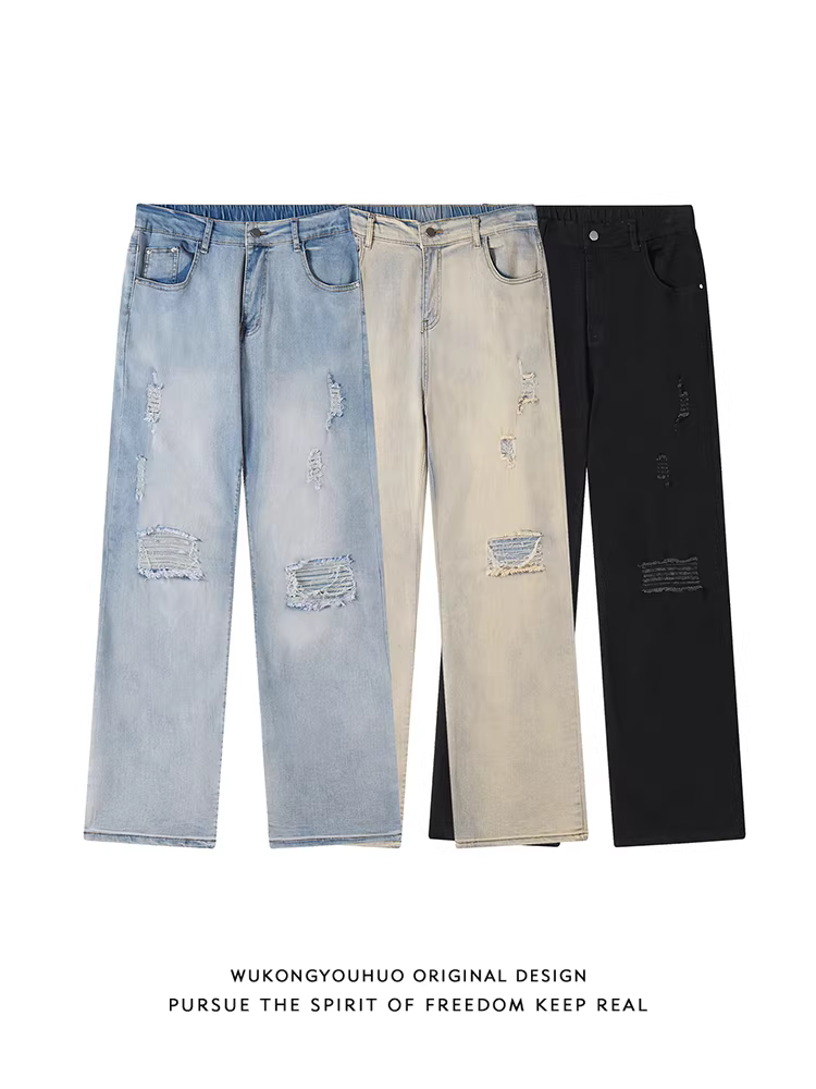 Wukong có sẵn quần jean nam ống đứng màu vàng đất rách kiểu Mỹ thời thượng, quần dài ống rộng đa năng phong cách đường phố cổ điển.