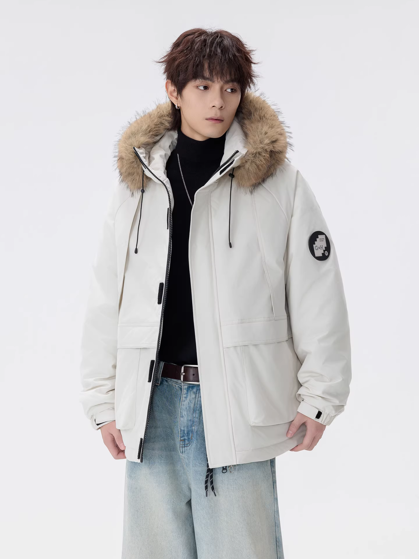 Áo khoác parka mùa đông thời trang có mũ trùm đầu và cổ lông thú của Wukong dành cho nam, kiểu dáng retro rộng rãi, áo khoác cotton đa năng ấm áp dành cho cặp đôi.