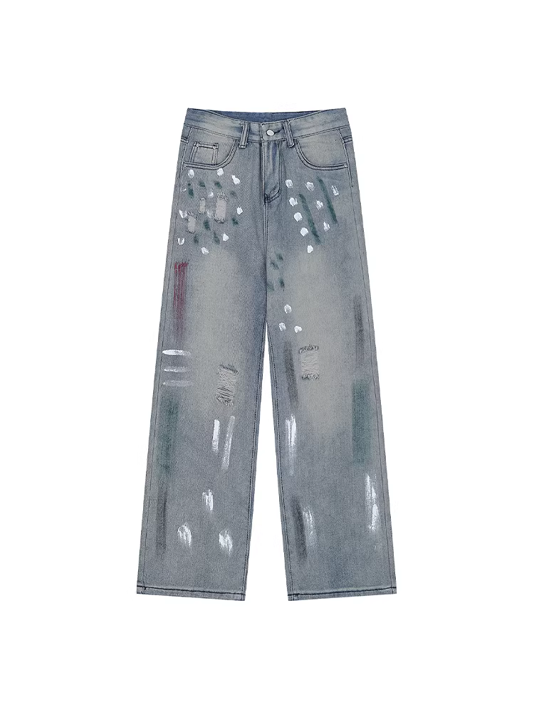 Wukong có sẵn quần jean nam kiểu Mỹ, rách cá tính, họa tiết graffiti, dáng thẳng, rộng rãi, thời thượng, đa năng, quần dài đã qua xử lý.