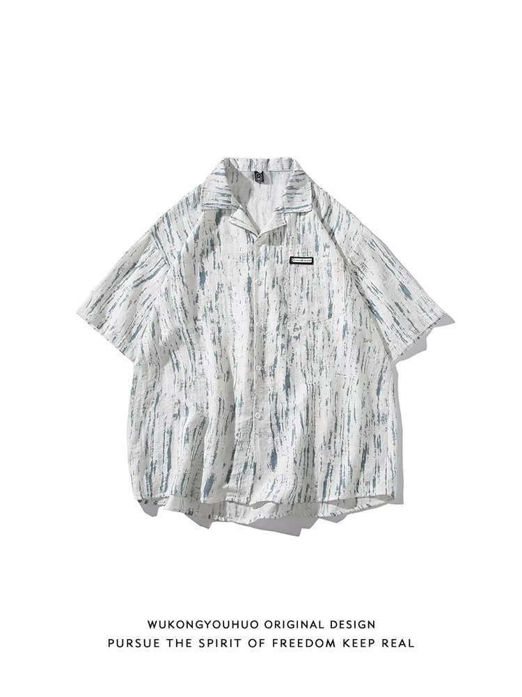 Wukong có sẵn áo sơ mi ngắn tay cổ Cuba nhuộm chàm thời trang mùa hè dành cho nam, áo sơ mi cặp đôi dáng rộng cổ điển đa năng, phong cách thường ngày.