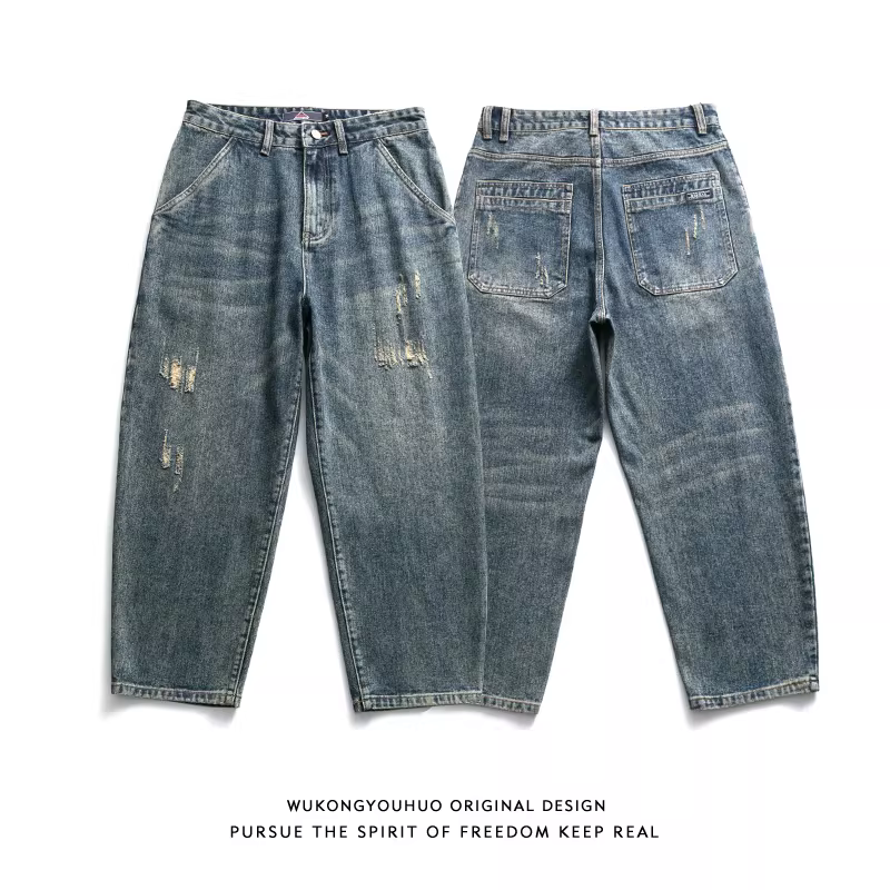 Wukong có quần jean nam dáng thẳng, phong cách Mỹ cổ điển, rách, kiểu dáng mới mùa thu, thương hiệu thời thượng, quần lửng rộng, chất liệu washed, phong cách thường ngày.