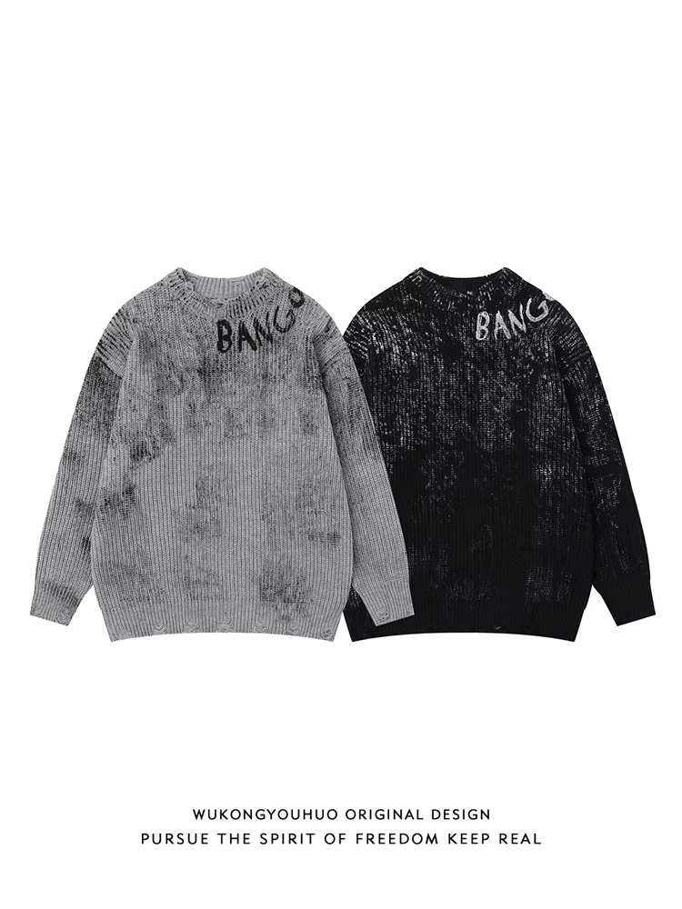 Wukong có sẵn áo len cổ tròn nam phong cách đường phố Mỹ, họa tiết tie-dye phun sơn, thương hiệu thời thượng, phong cách cá tính và tối giản.