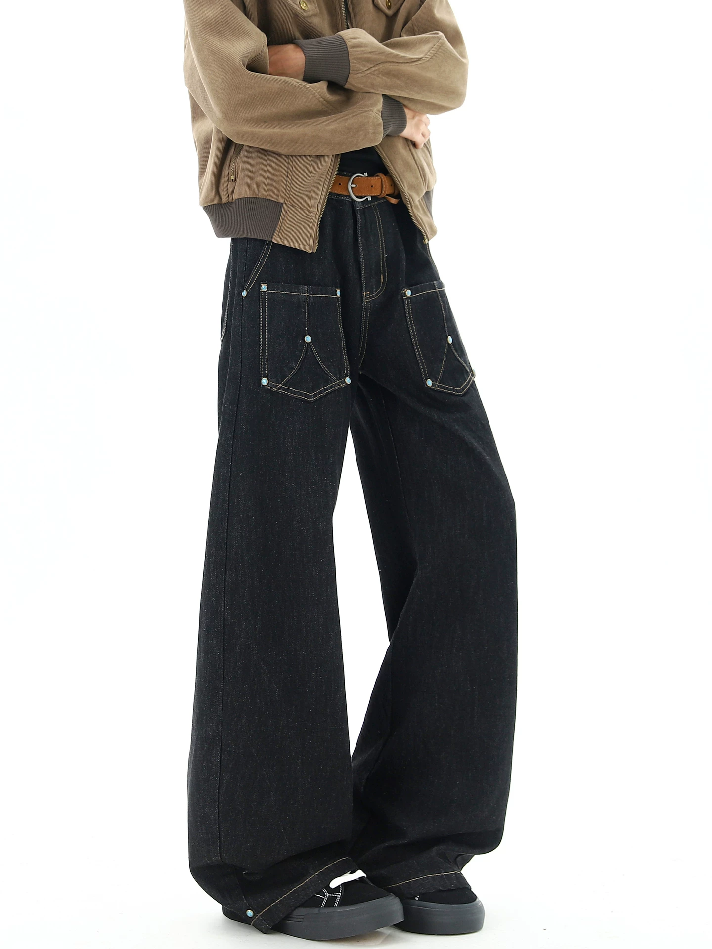 Ngộ Không có sẵn quần jean ống thẳng kiểu Mỹ thời thượng dành cho nam và nữ, quần ống rộng đa năng kiểu vintage, dáng rộng.